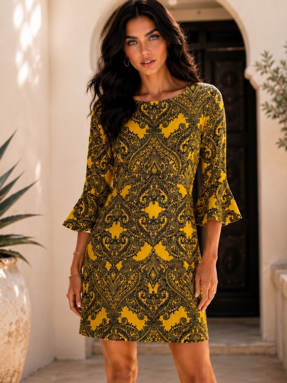 New York & Company Stretch Paisley Shift Dress XS Yellow Black Bell Sleeve